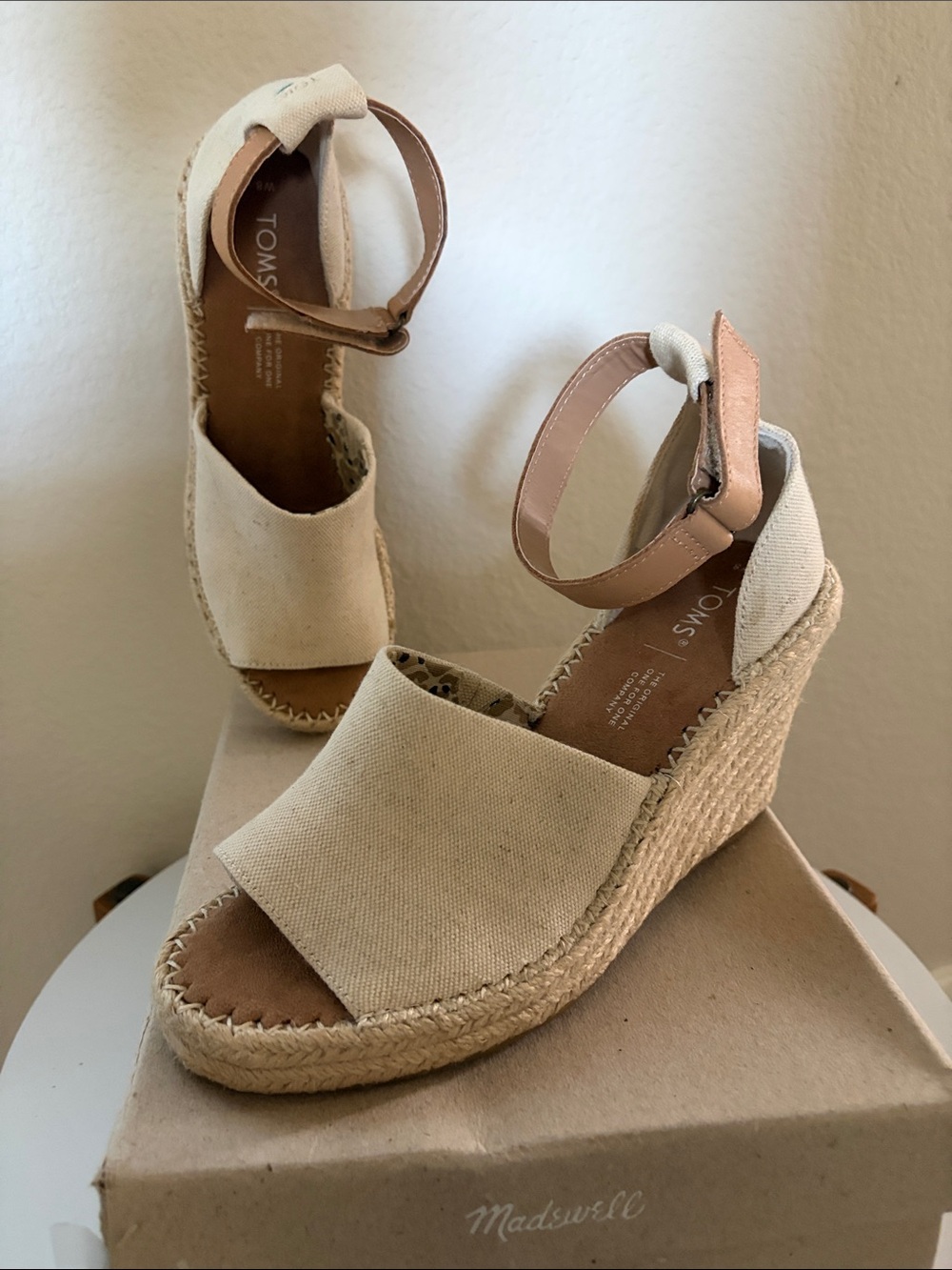 Toms Cream Canvas Espadrille Wedge Sandals with Tan Ankle Strap